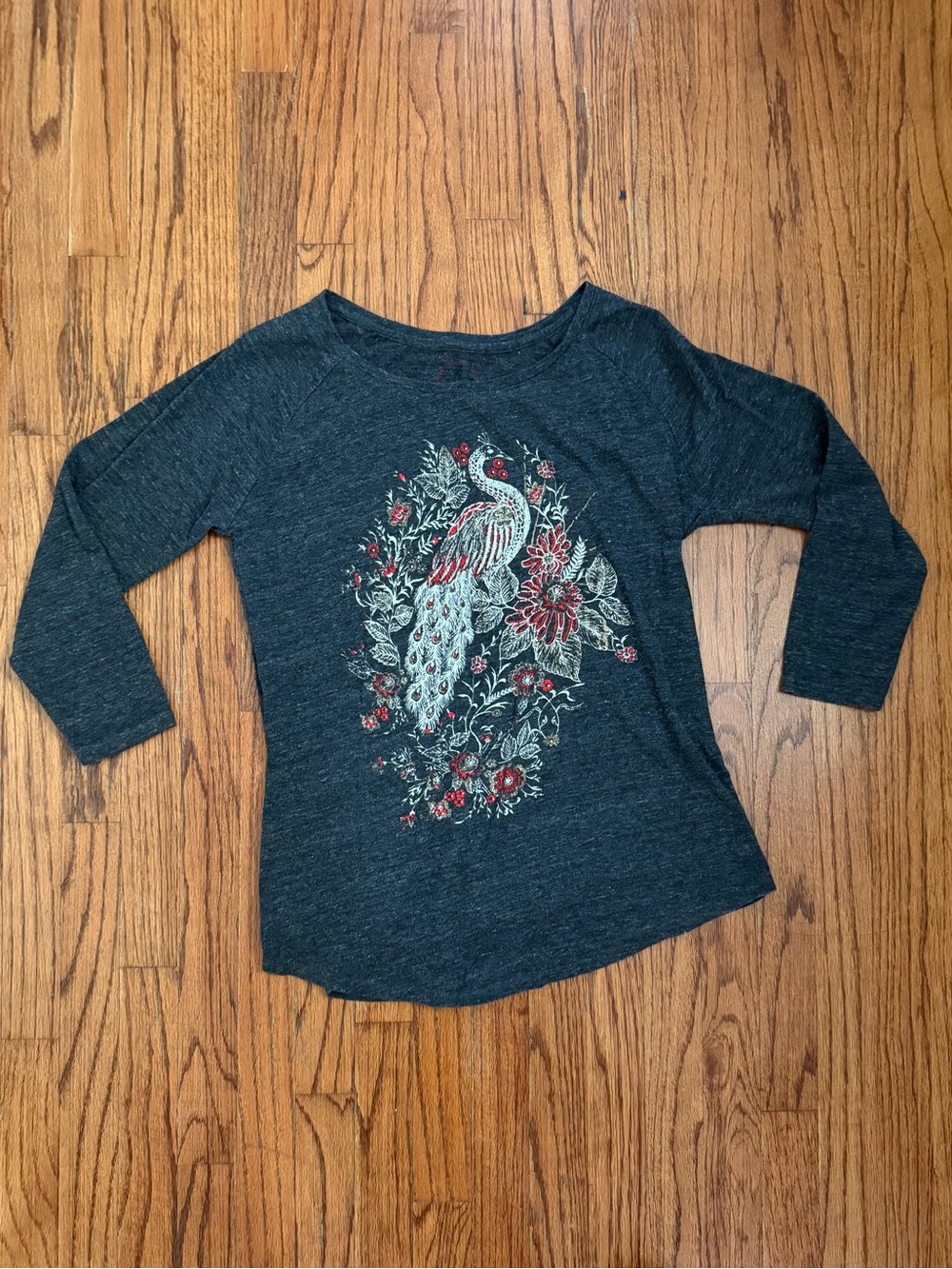 Y2K Lucky Brand Peacock Graphic Tee Shirt Boho 3/4 Sleeve